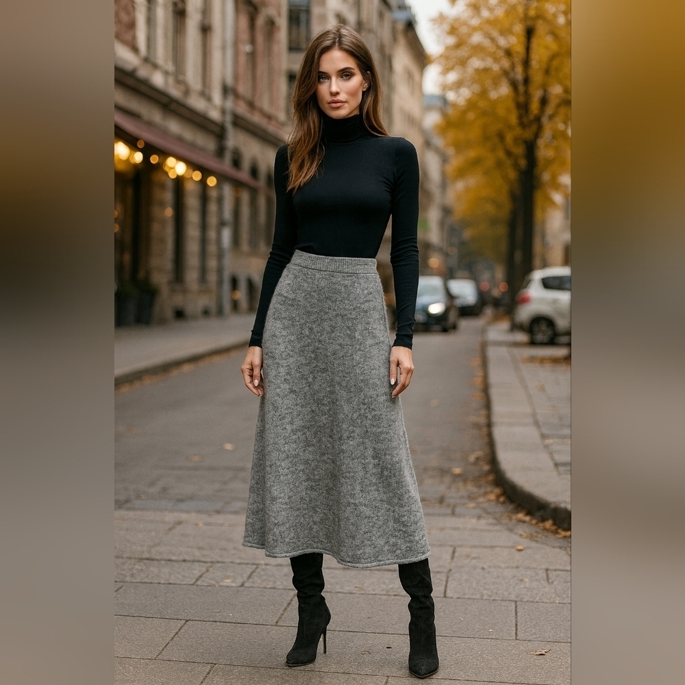 Pieces Wool Blend A Line Maxi Skirt Size L Grey Cozy Knit